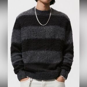 NWT Zara Black and Grey Contrast Striped Sweater, Large